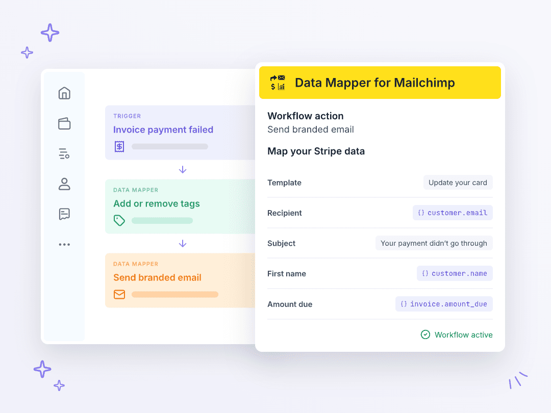 Data Mapper actions in Stripe Workflows for tagging contacts and sending branded email