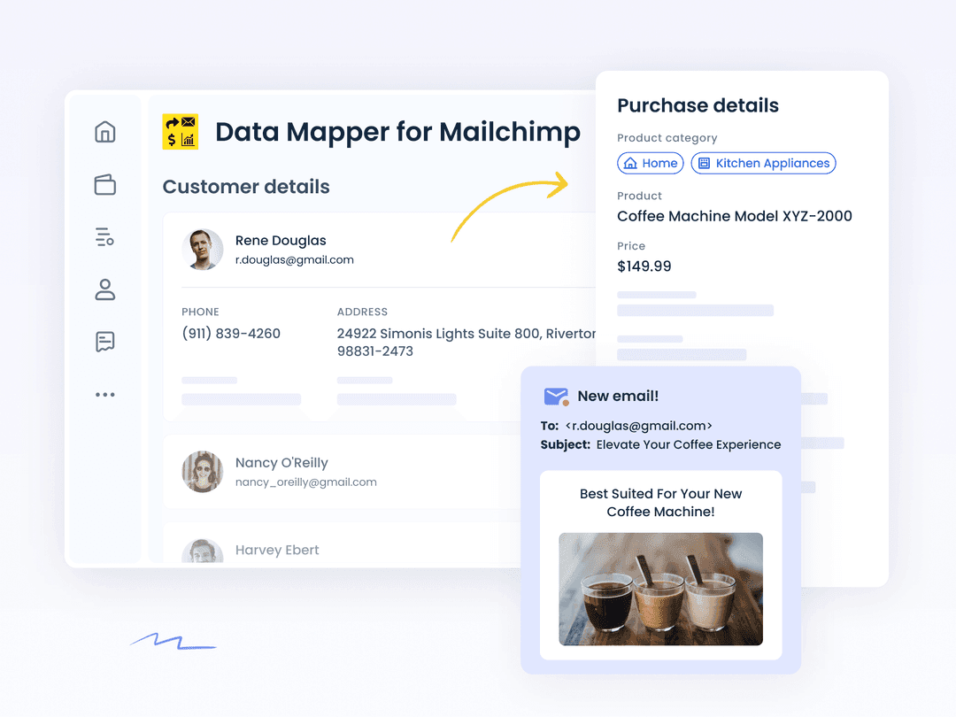 Customer details with purchase history used to build a Mailchimp segment