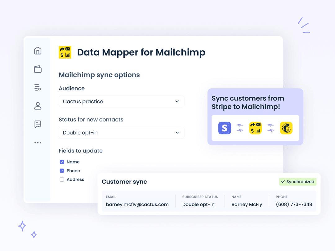 Data Mapper sync settings showing the Mailchimp audience, contact status and fields to update